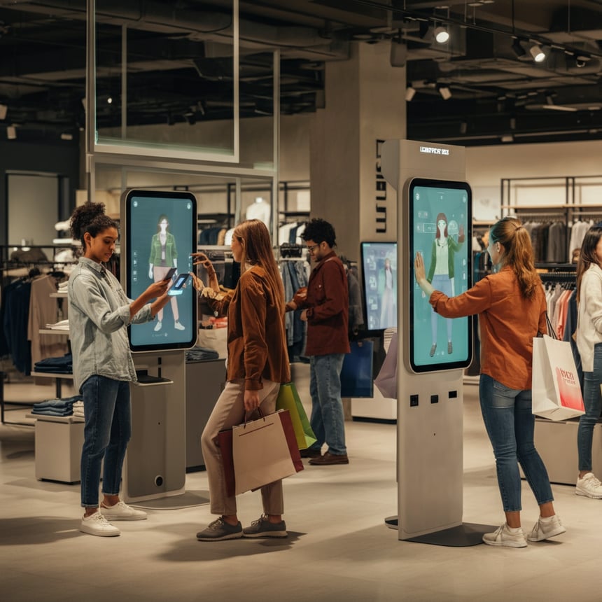 Menschen in einem modernen Geschäft mit AR-Displays und Kiosken.